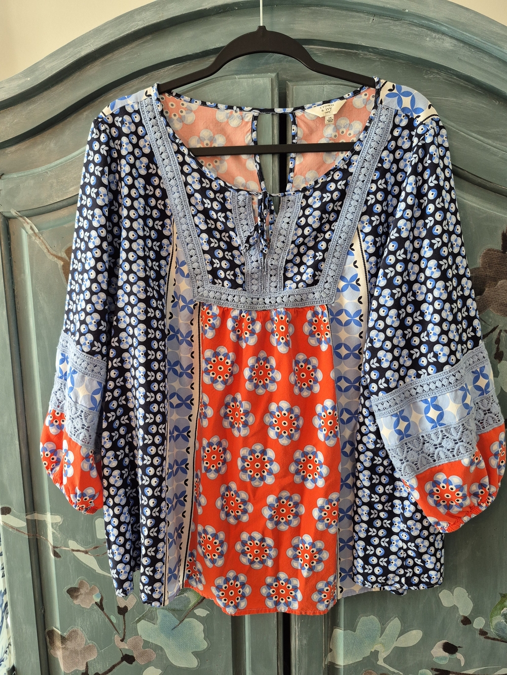 crown & ivy Navy and Orange Mixed-Print Peasant Tunic
